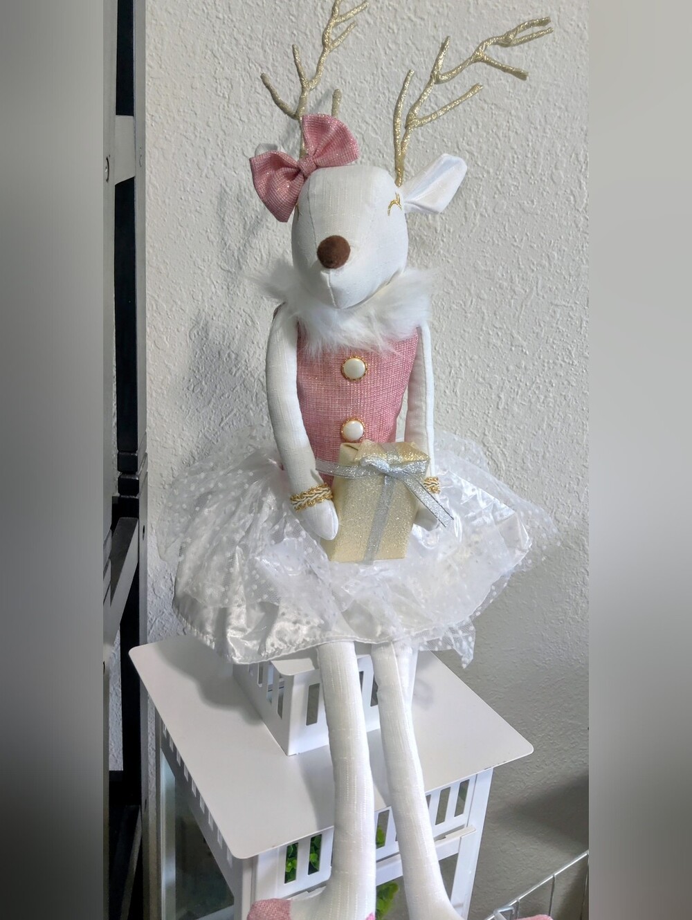 Holiday Pink and White Plush Reindeer With Tutu - Picture 2 of 5